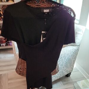 DKNY Black Asymmetric Draped Knit Top